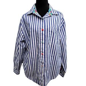 Talbots Petites Large Blue White Striped  Button Shirt Cottagecore Preppy‎